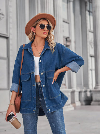 Button Up Long Sleeve Denim Jacket - Dark Blue -