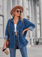 Button Up Long Sleeve Denim Jacket - Dark Blue -
