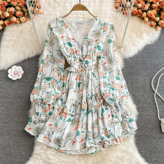 V-Neck Ruffle Lantern Sleeve Crushed Chiffon Dress Woman