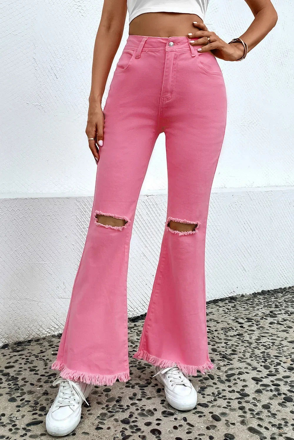 Distressed Raw Hem Bootcut Jeans - Pink -