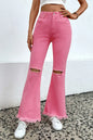 Distressed Raw Hem Bootcut Jeans - Pink -