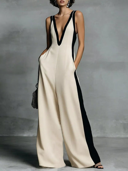 Deep V-Neck Wide-Leg Jumpsuit - Orange-red -
