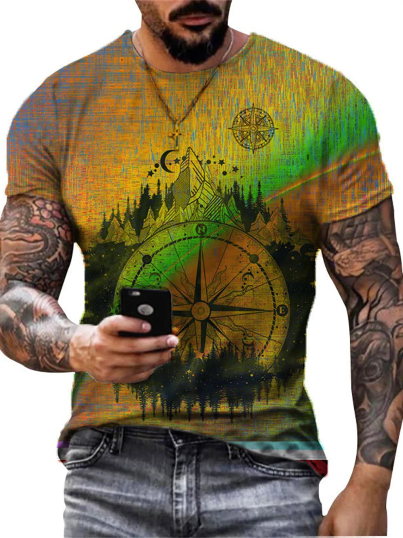 Men's Full Size Artistic Compass Graphic Round Neck T-Shirt Plus Size - -