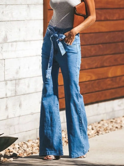 High-Waisted Tie-Front Flare Jeans - -