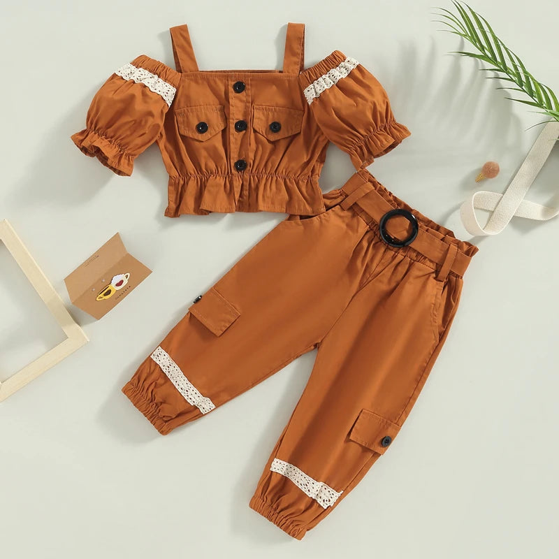 Ruffle Puff Short Sleeve Crop Top and Cargo Pants Set