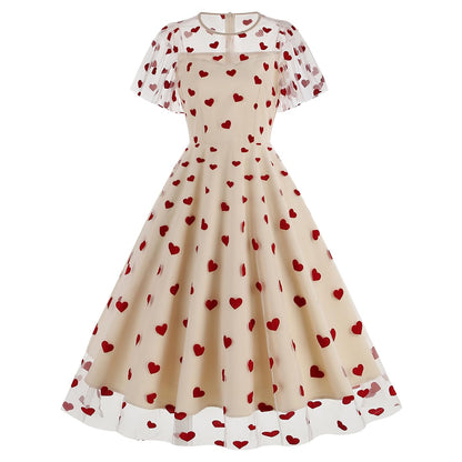 Heart Flare Retro Dress for Women - Apricot Swing 1950s Style - Apricot-hearts Large - dress