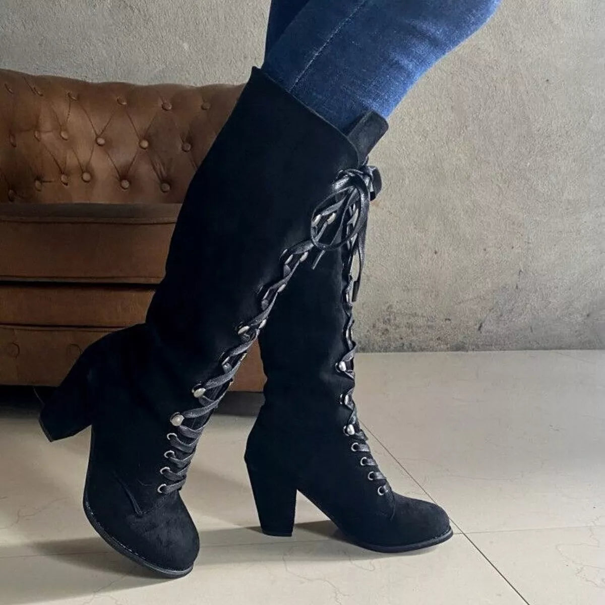 Lace Up Block Heels Boots - -