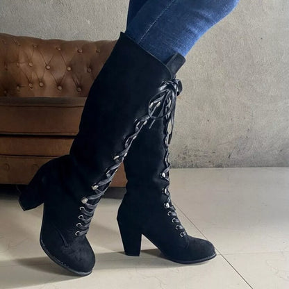 Lace Up Block Heels Boots - -