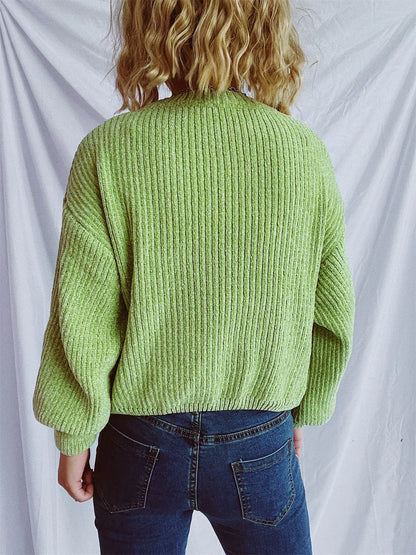 Round Neck Dropped Shoulder Long Sleeve Sweater - -