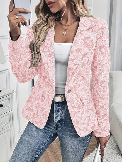 Light Pink Floral Print Single Button Blazer with Pockets - - blazer