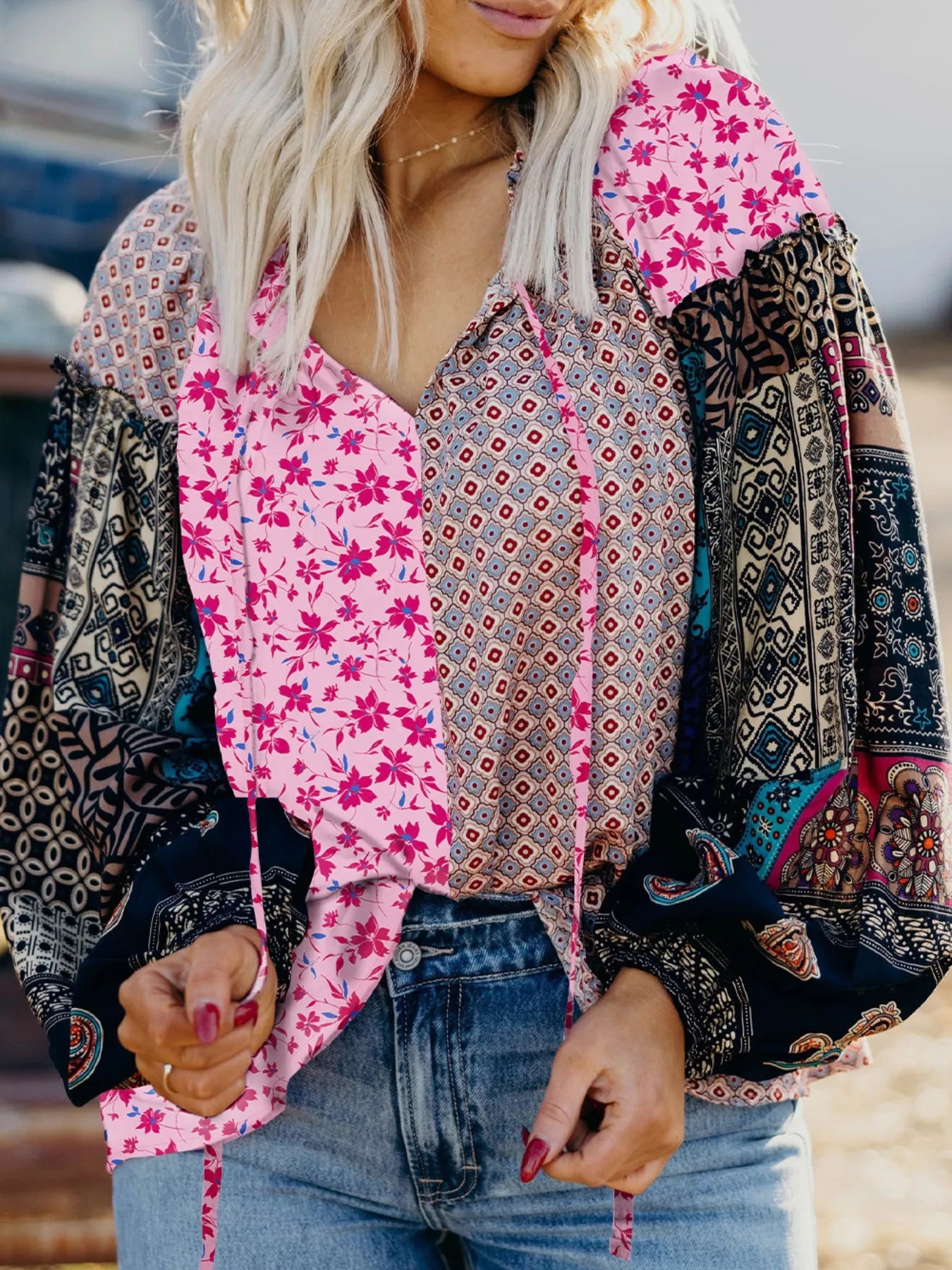 Boho Mixed Floral Drop Shoulder Bubble Sleeve Blouse - -