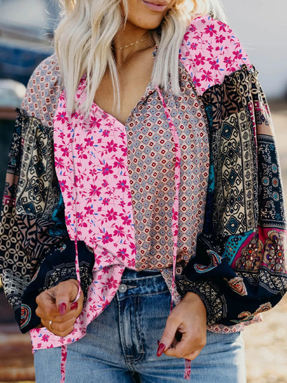 Boho Mixed Floral Drop Shoulder Bubble Sleeve Blouse - -