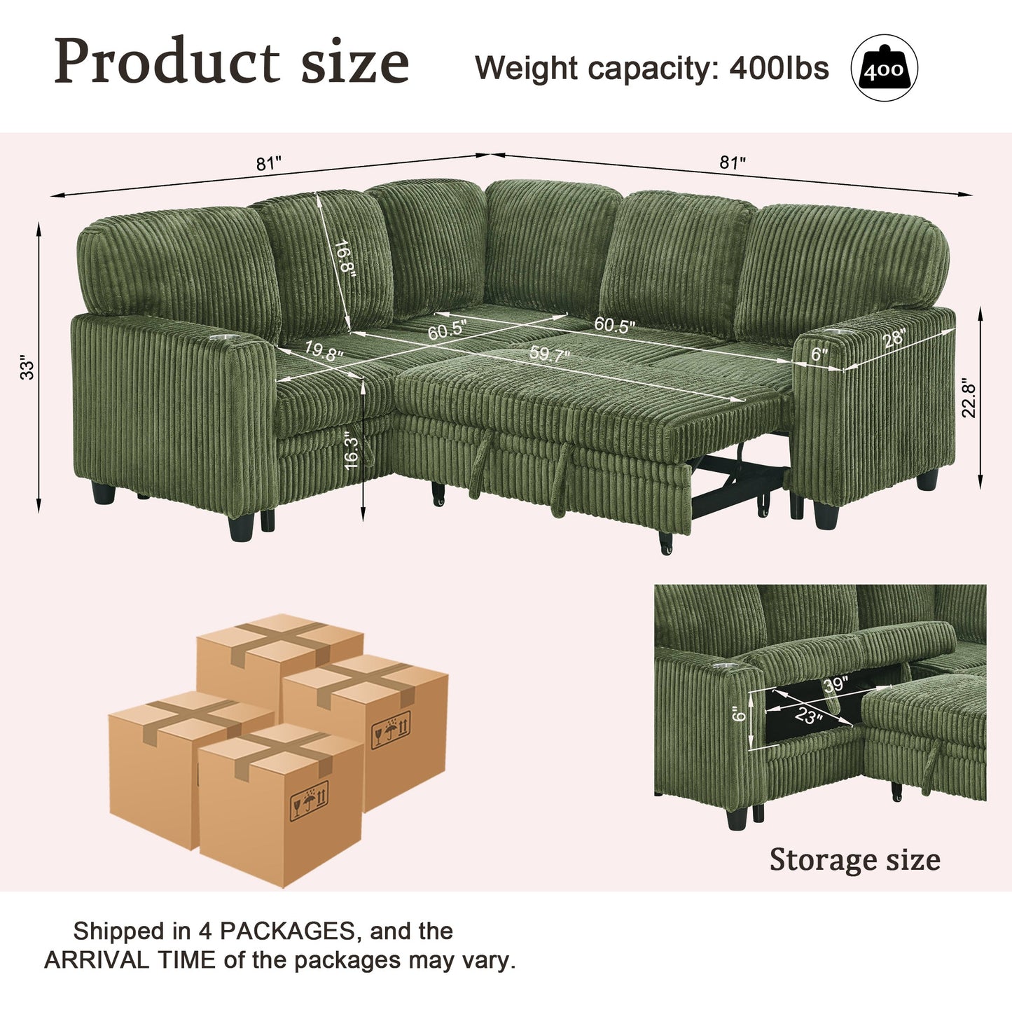 Sofa Bed L-Shape Corduroy Olive Green 5 Seat Pull-Out USB Ports 81 In- NIKKI CASA- {{Product type}}