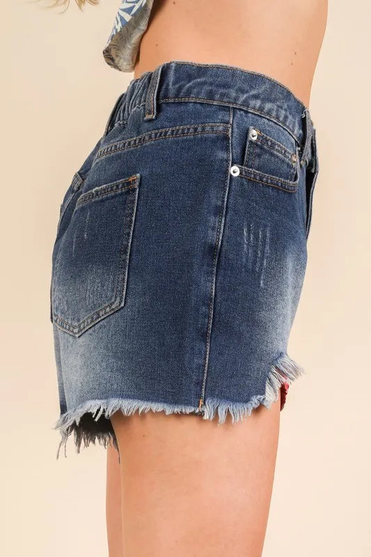 VERY J Raw Hem Pocketed Contrast Washed Denim Shorts - -