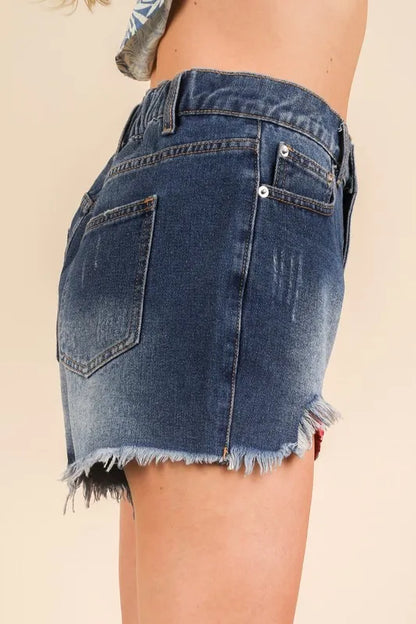 VERY J Raw Hem Pocketed Contrast Washed Denim Shorts - -