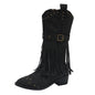 Women's Western Cowgirl Boots Wide Pointed Toe Mid Calf PU Leather Tassel Boots