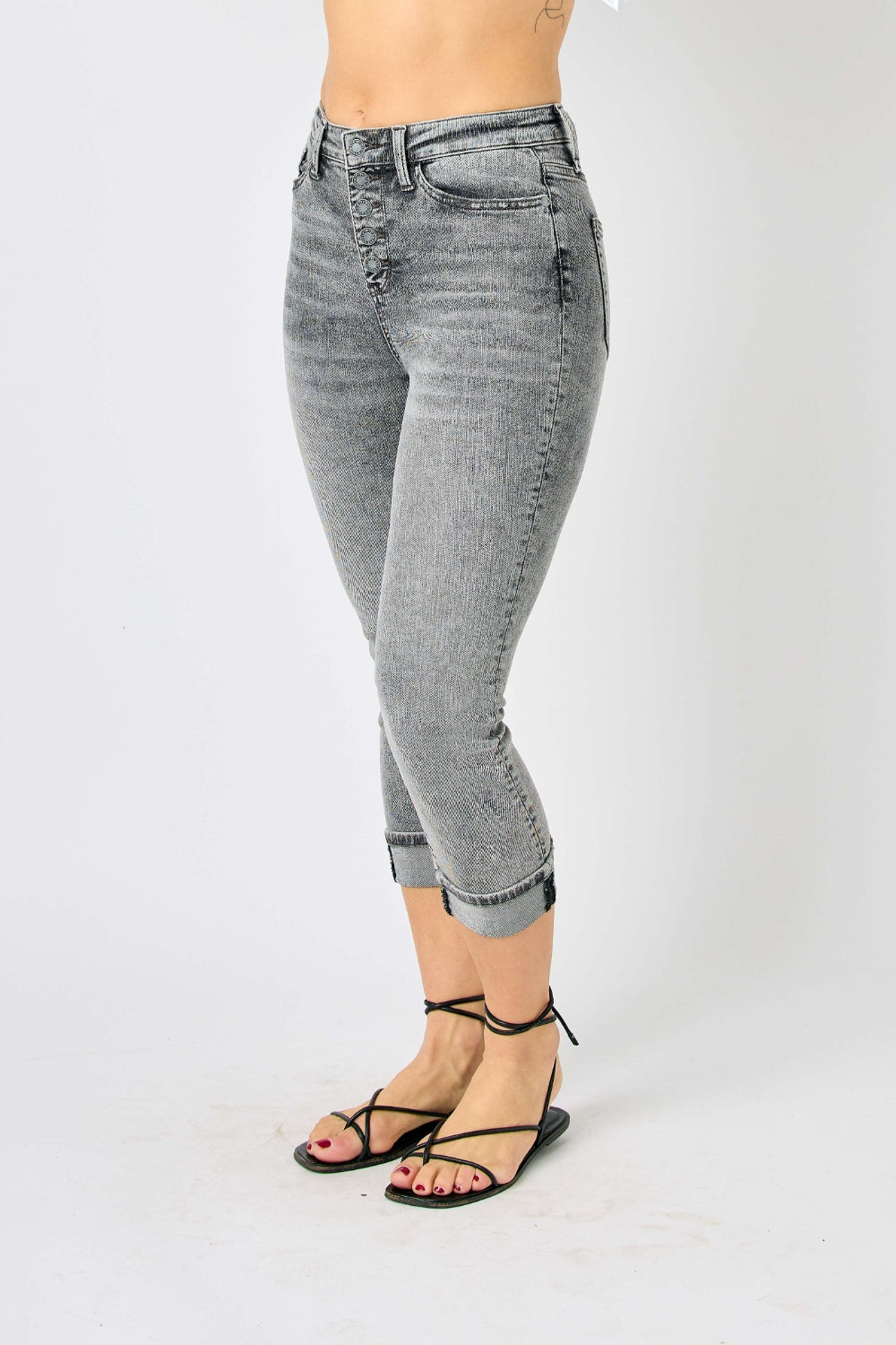 Judy Blue Sasha High Waist Cuffed Button Fly Gray Denim Capri Jeans - - jeans