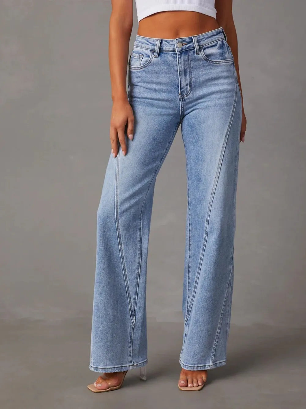 High Waist Straight Jeans with Pockets - Light -