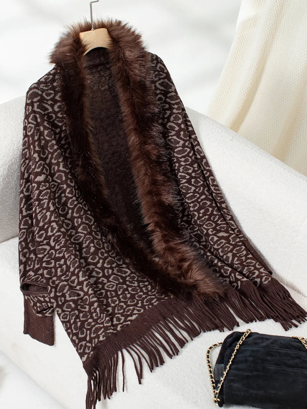 Fringe Leopard Open Front Long Sleeve Poncho - Chocolate One Size -