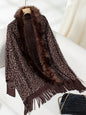 Fringe Leopard Open Front Long Sleeve Poncho - Chocolate One Size -