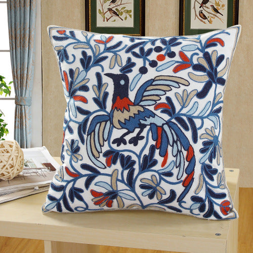 Embroidered Throw Pillow Cover 18x18inch Bird Floral Pillowcase 100% Cotton