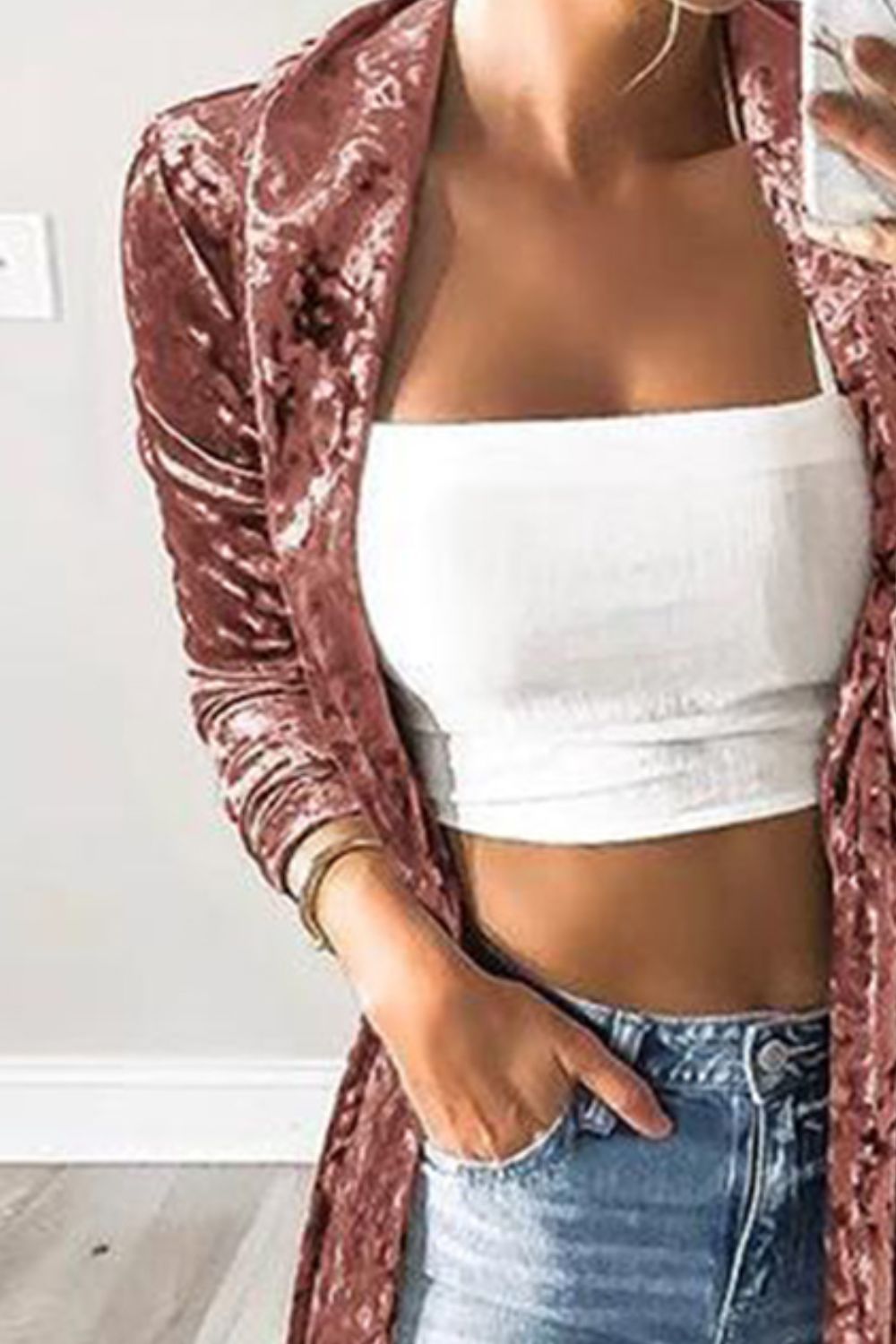 Open Front Long Sleeve Longline Velvet Cardigan - -