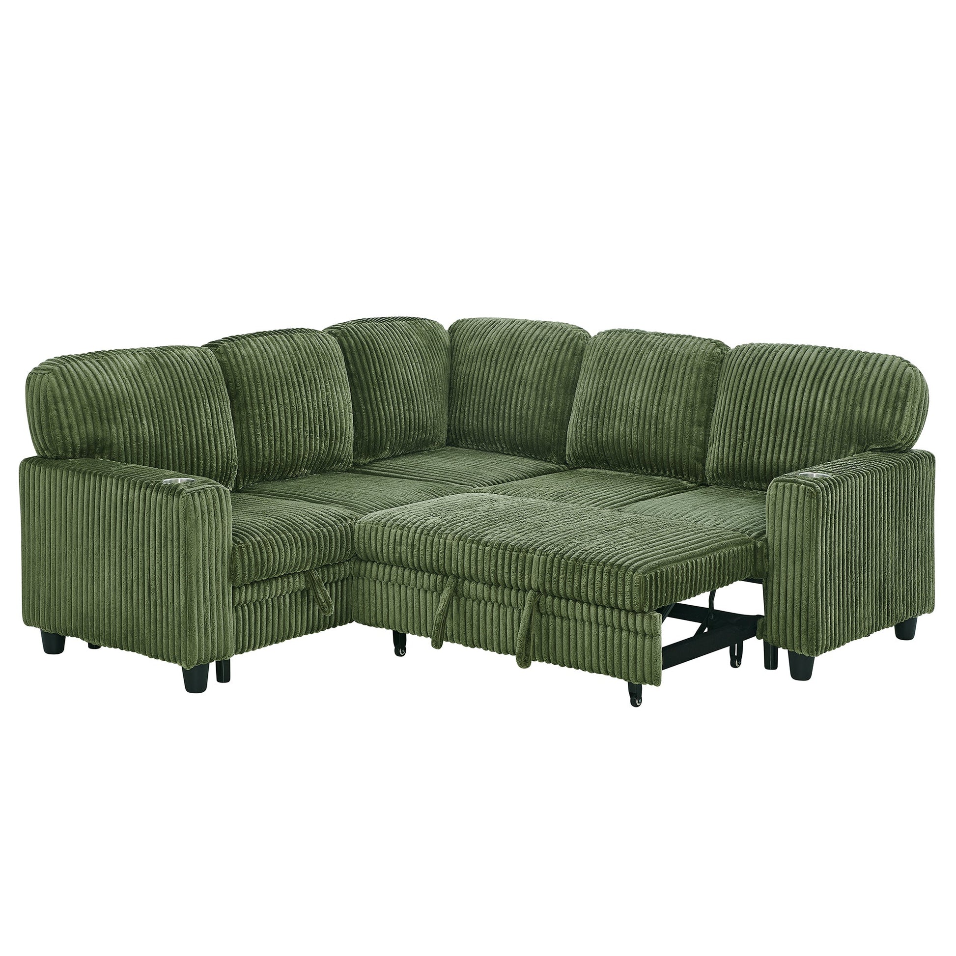 Sofa Bed L-Shape Corduroy Olive Green 5 Seat Pull-Out USB Ports 81 In- NIKKI CASA- {{Product type}}