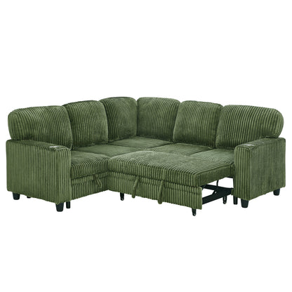 Sofa Bed L-Shape Corduroy Olive Green 5 Seat Pull-Out USB Ports 81 In- NIKKI CASA- {{Product type}}