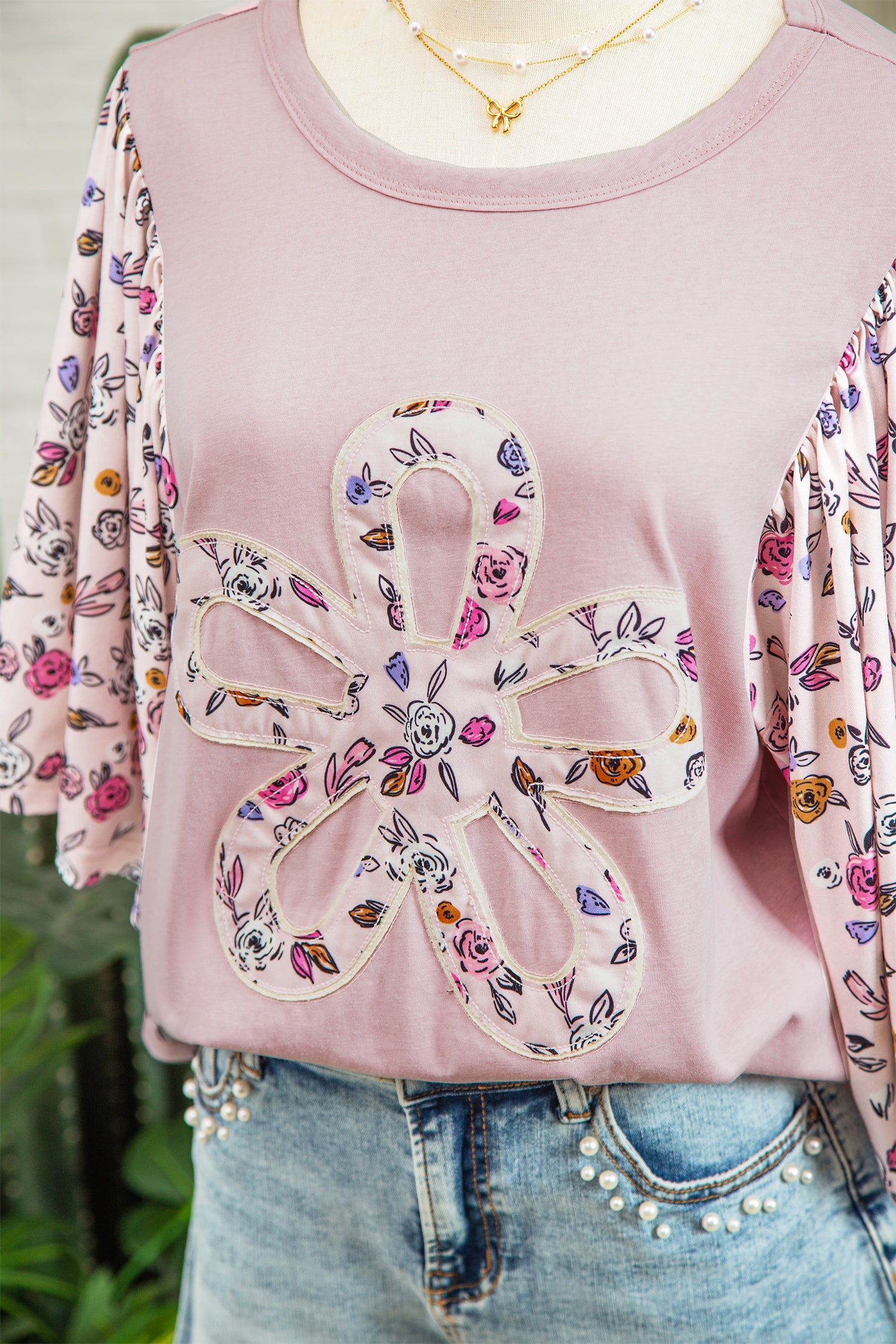 Pink Contrast Floral Patched Flowy Half Sleeve Blouse - - Tops/Blouses & Shirts