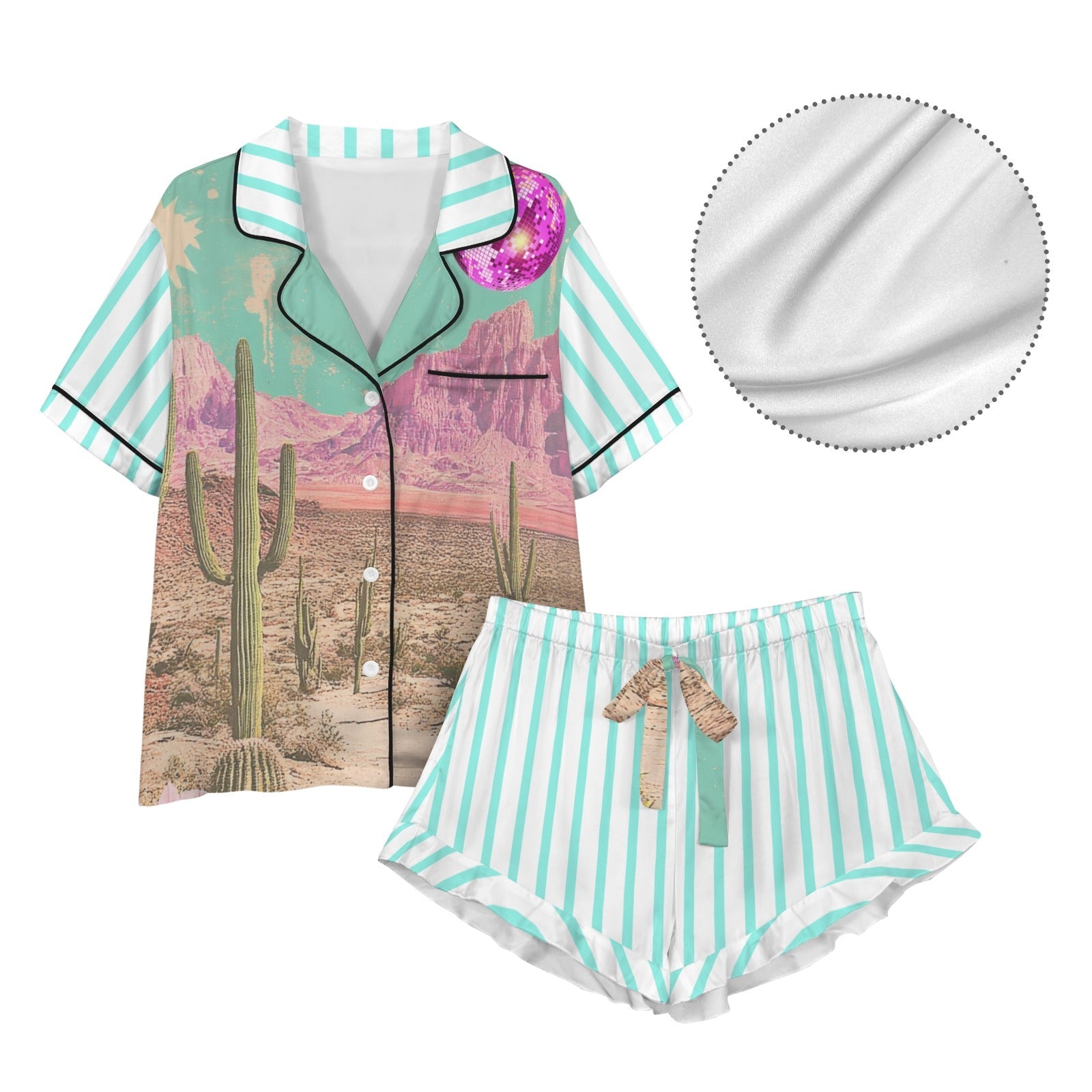 Baha Ranch Retro Pop Western Howdy Desert Cowgirl Satin Pajamas - - Pajama Sets