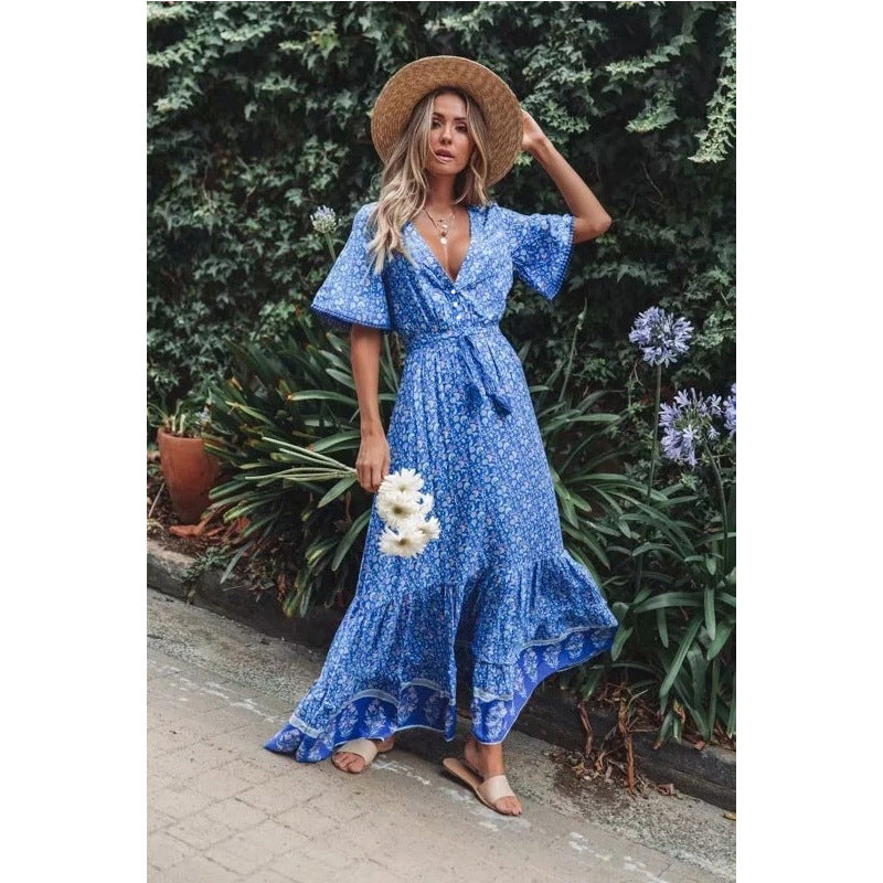 Large Swing V-Neck Dress Lace-Up Print Long Dress Women