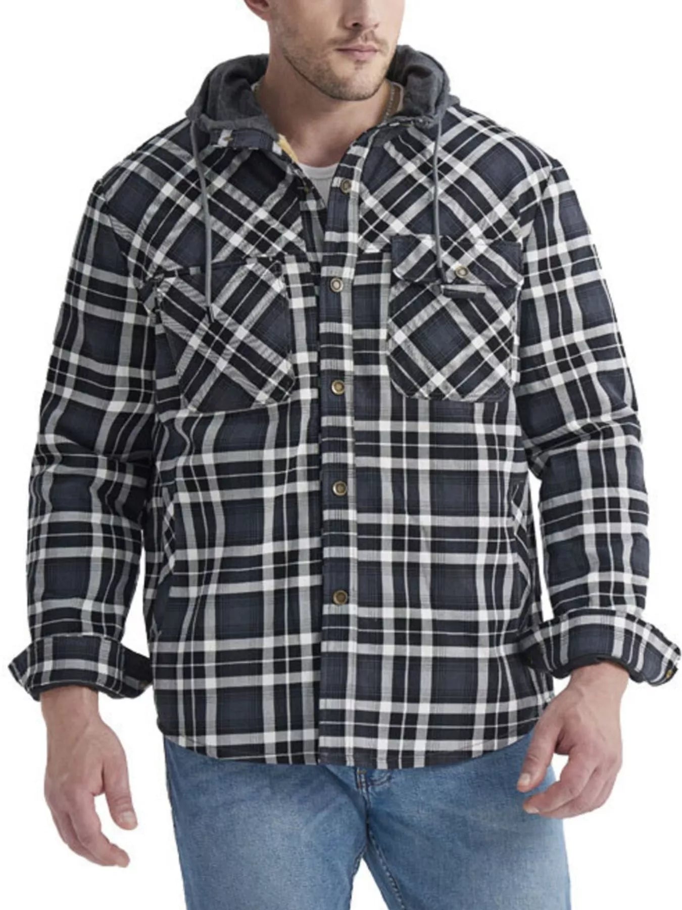 Men's Snap Down Plaid Flannel Hooded Jacket - Grey -