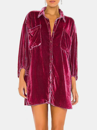 Collared Neck Button Down Long Sleeve Shirt - Deep Purple -