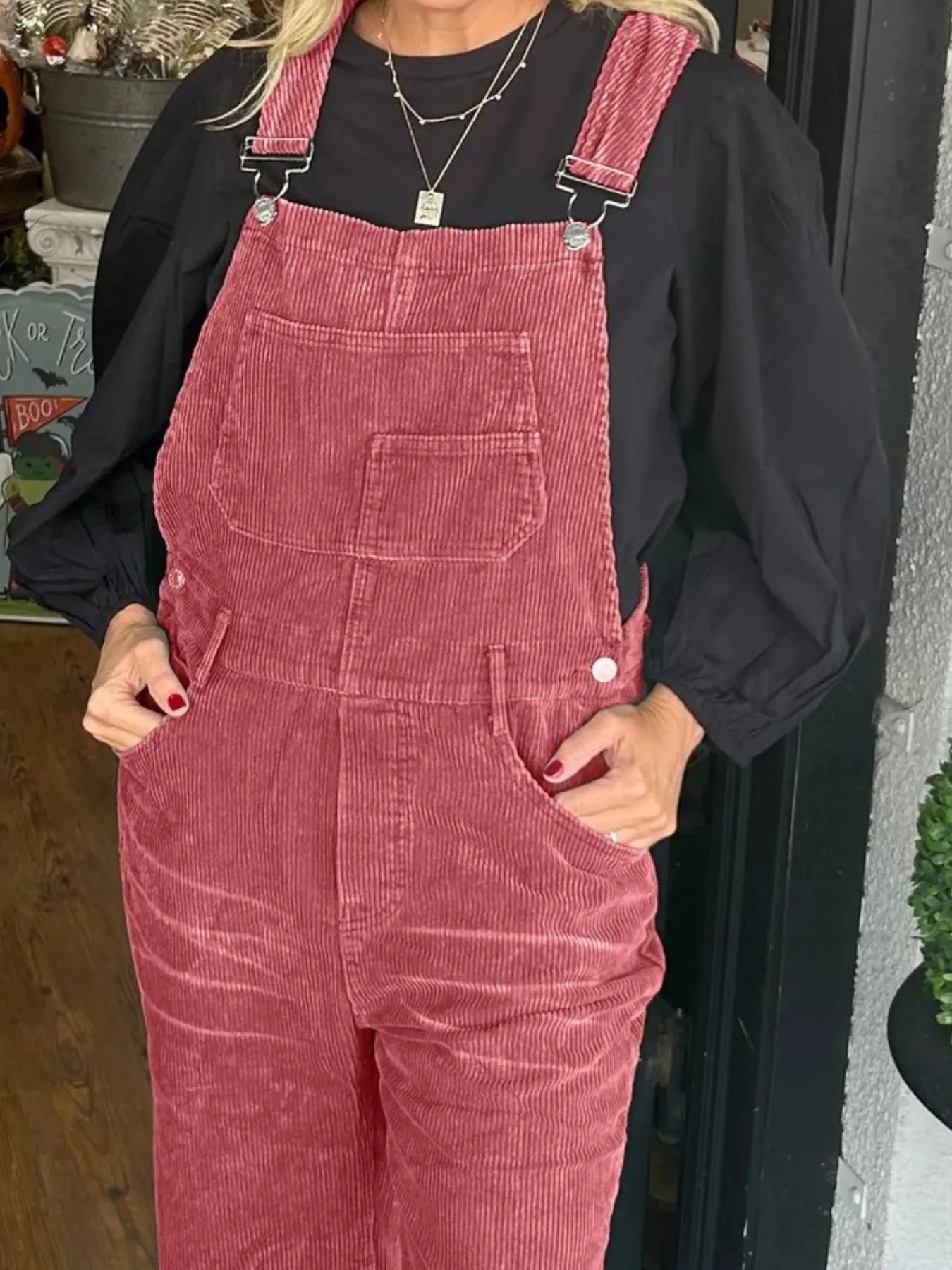 Distressed Wide Leg Corduroy Overalls - -