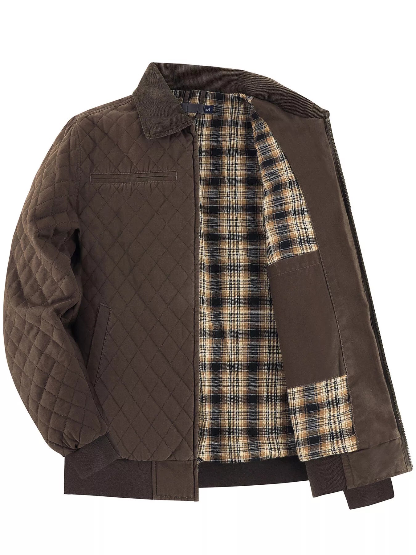 Men's Quilted Collared Neck Jacket with Plaid Lining - -