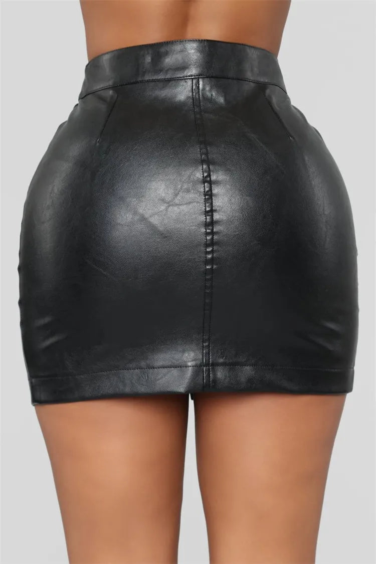 Women Pu Leather a Line Skirt Three Full Zip Pocketed Bodycon Mini Skirt