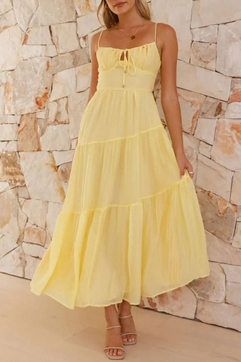 Ruched Smocked Back Cami Dress - Yellow -