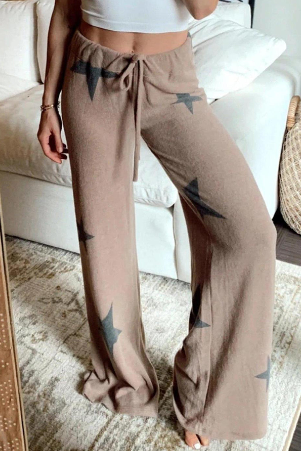 Khaki Retro Star Print Long Sleeve Pullover Drawstring Wide Leg Pajama Set- Wild and Free Boutique- {{Product type}}