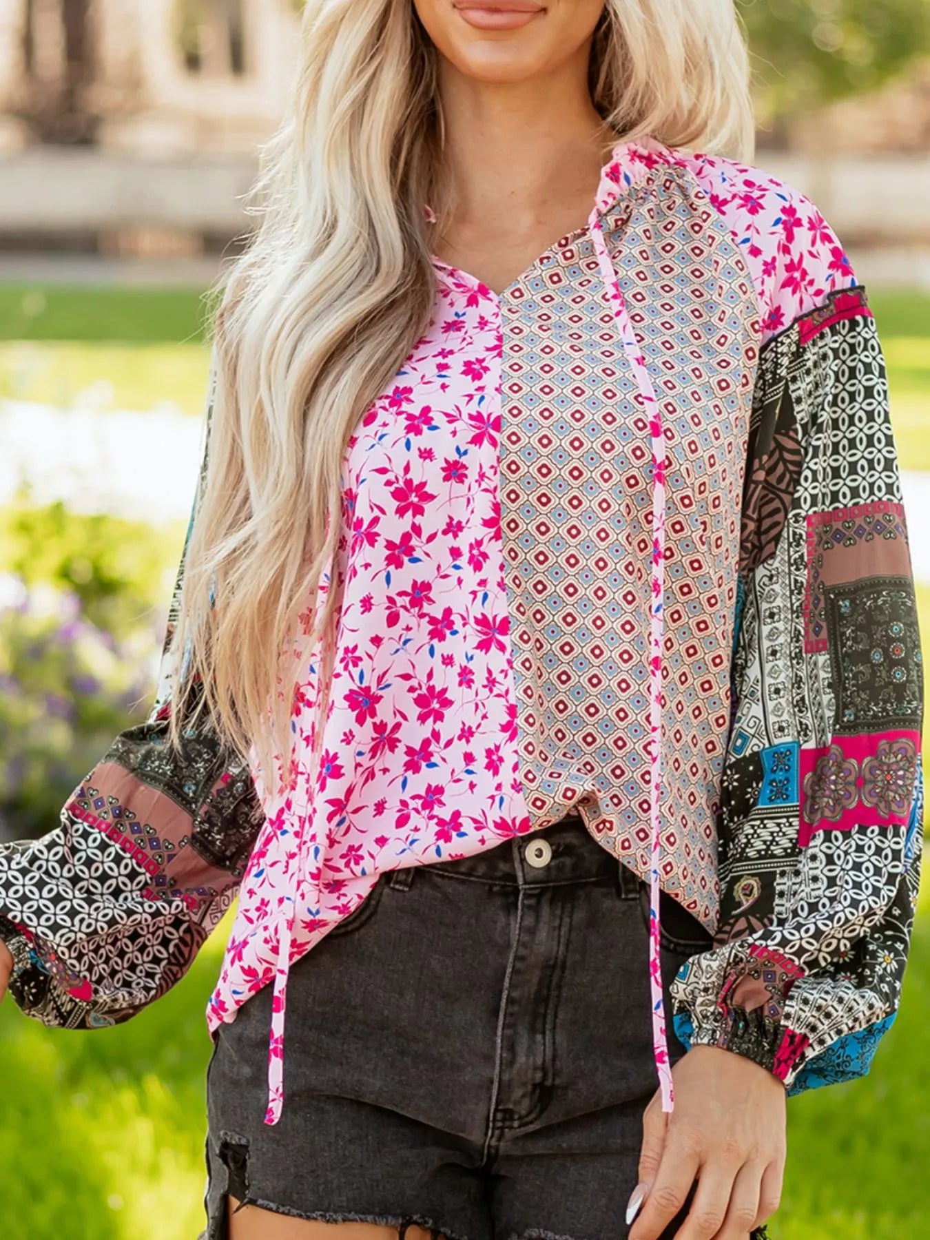 Boho Mixed Floral Drop Shoulder Bubble Sleeve Blouse - -