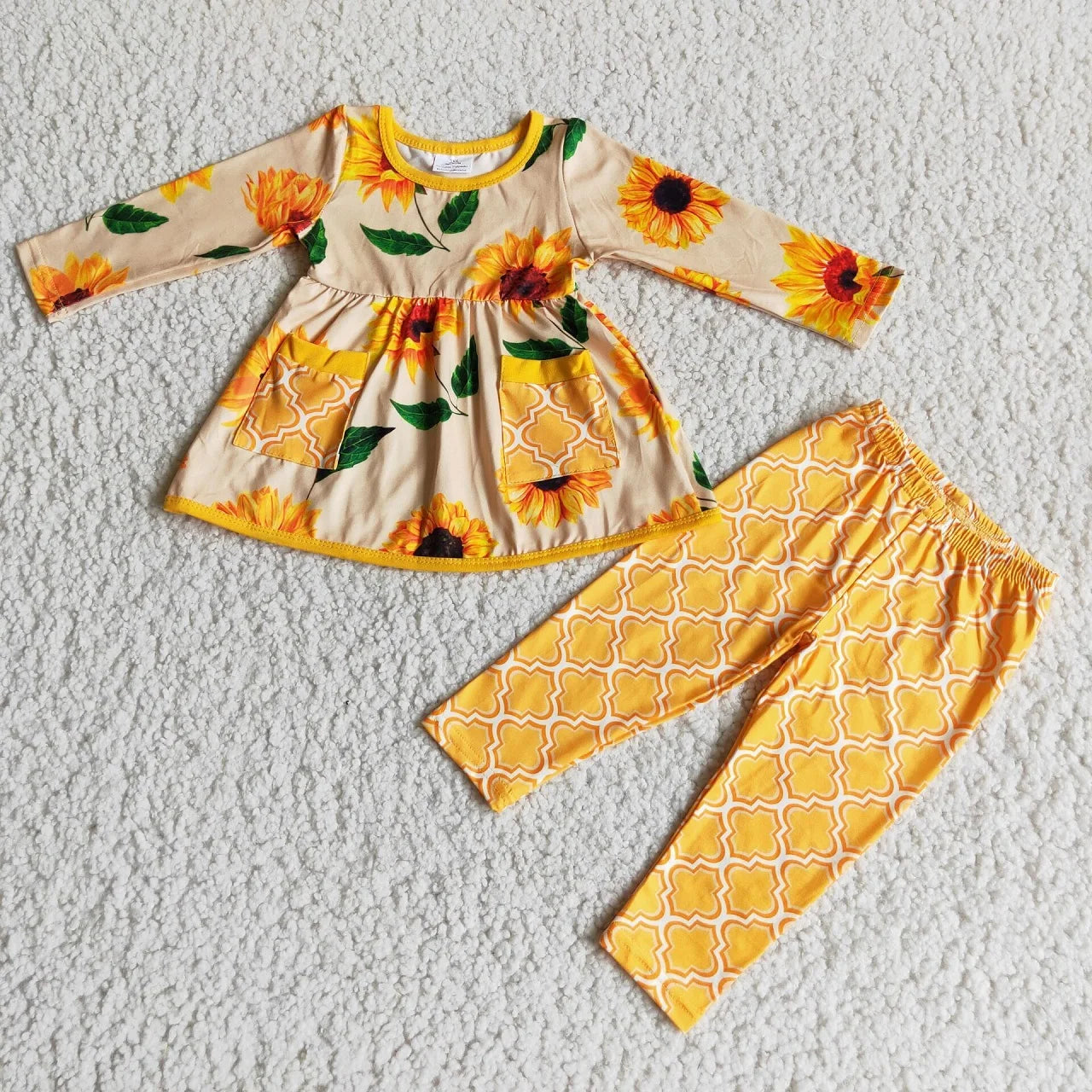 Ruffle Long Sleeve shirt and Cotton Pants Sets yellow