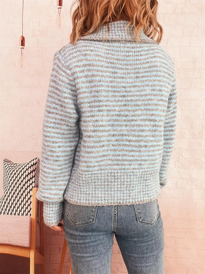 Striped Button-Up Long Sleeve Cardigan - -