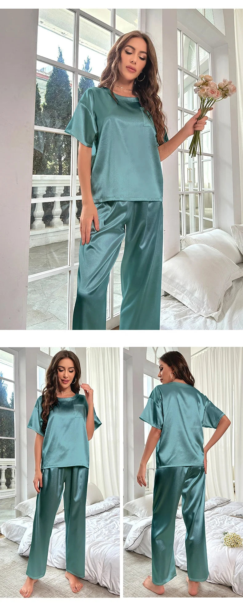 Satin Pajamas Set for Women 2Pcs Women Short Sleeve Shirt Long Pant With Pocket