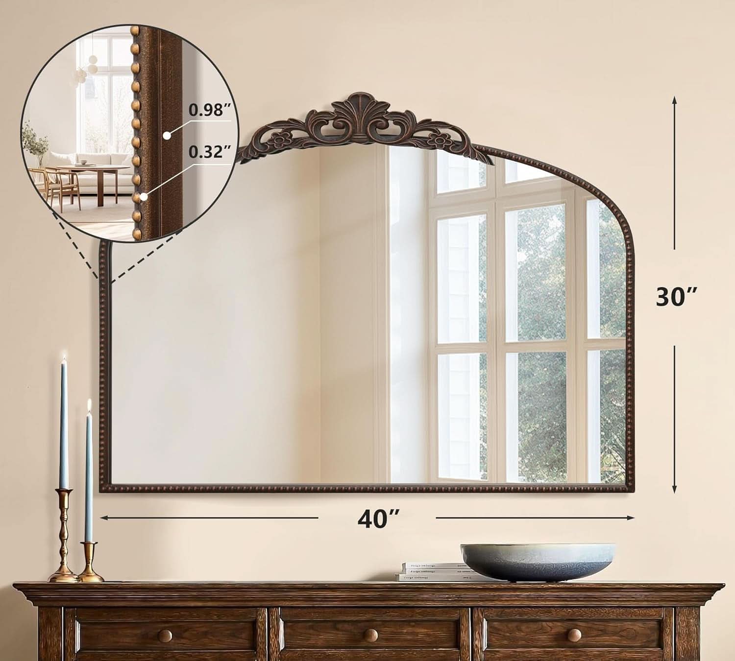 Bronze Vintage Baroque Mirror 40 By 30 Inch Arch Wall Mount - - Mirror