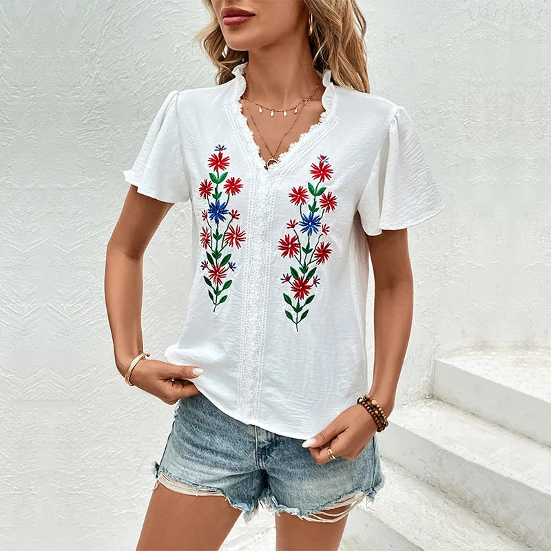 Embroidered Flower Elegant Short Sleeved Deep V-Neck Blouse