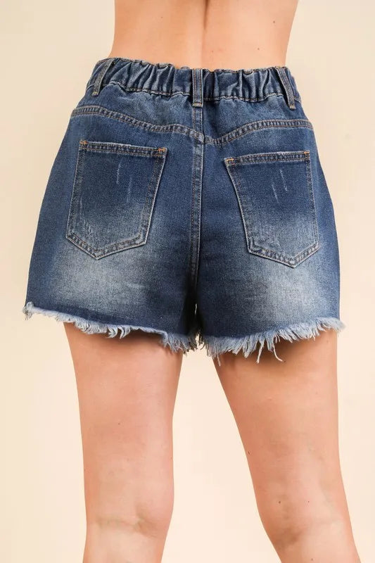 VERY J Raw Hem Pocketed Contrast Washed Denim Shorts - -