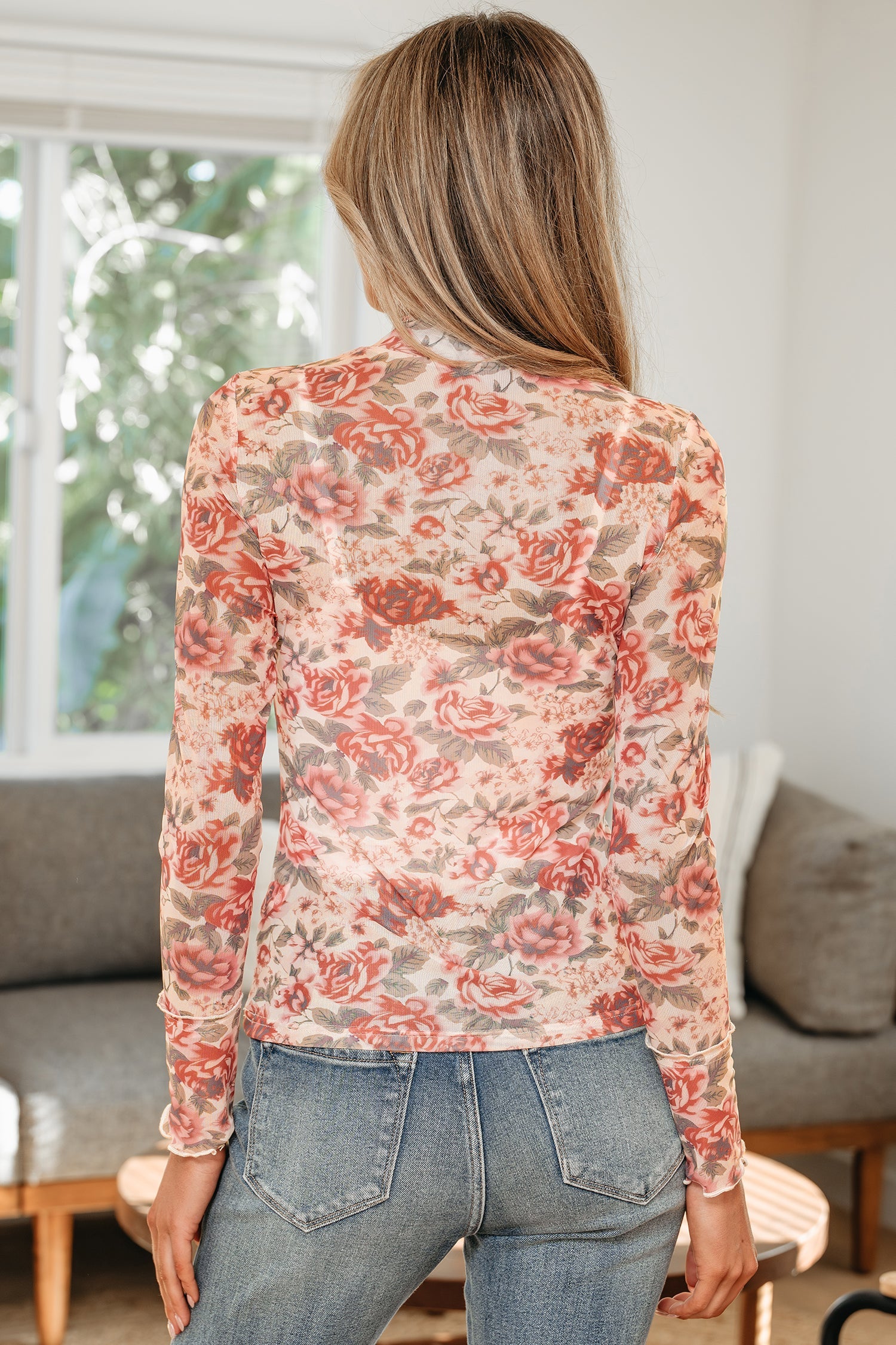 White Retro Floral Print Mock Neck Mesh Long Sleeve Top - - Blouse