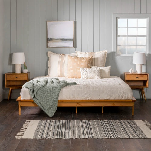 Mid-Century Modern Solid Wood King Platform Bed Frame Caramel - - platform bed