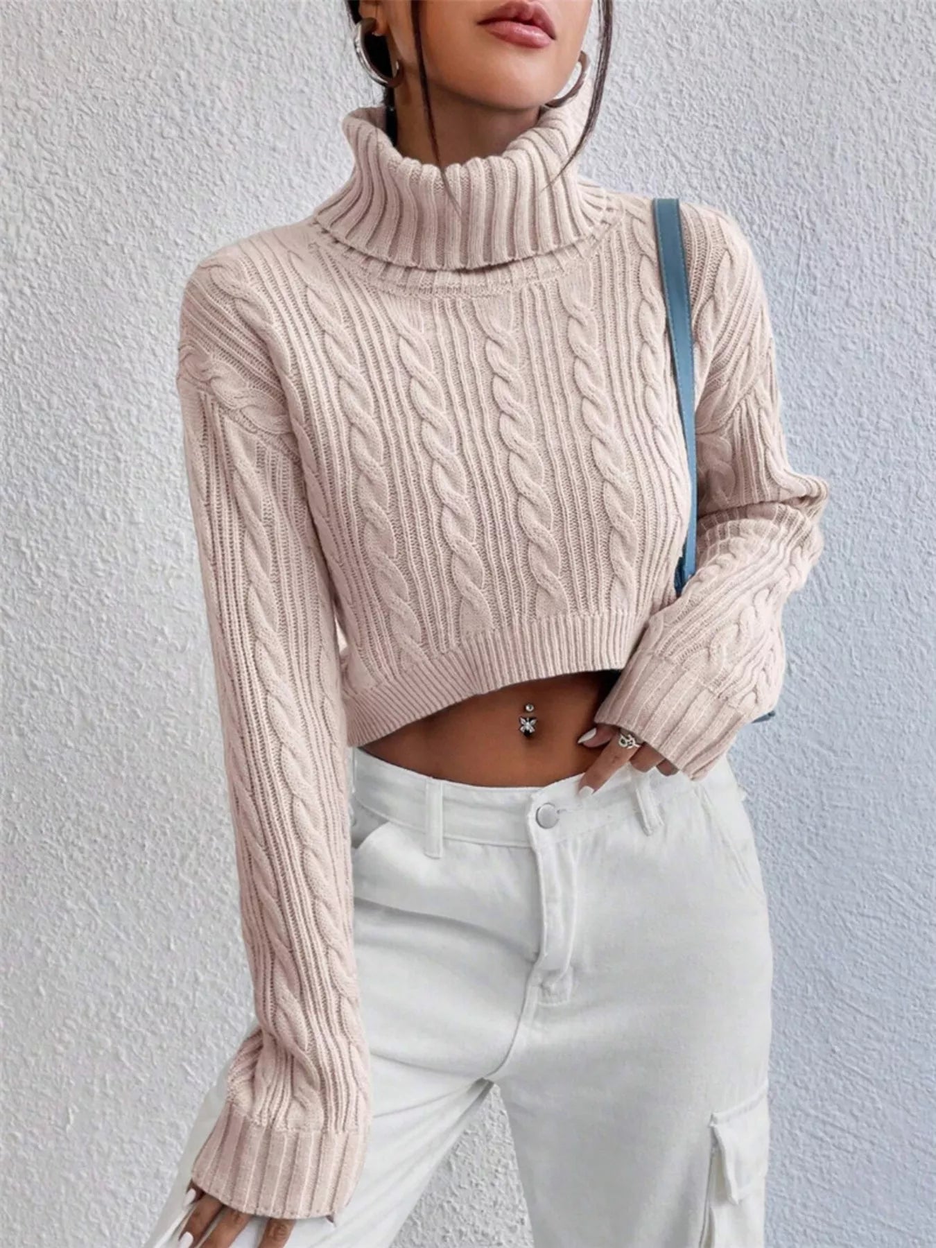Cable-Knit Turtleneck Long Sleeve Sweater - -