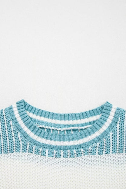 Two Tone Striped Patchwork Drop Shoulder Loose Sweater - -