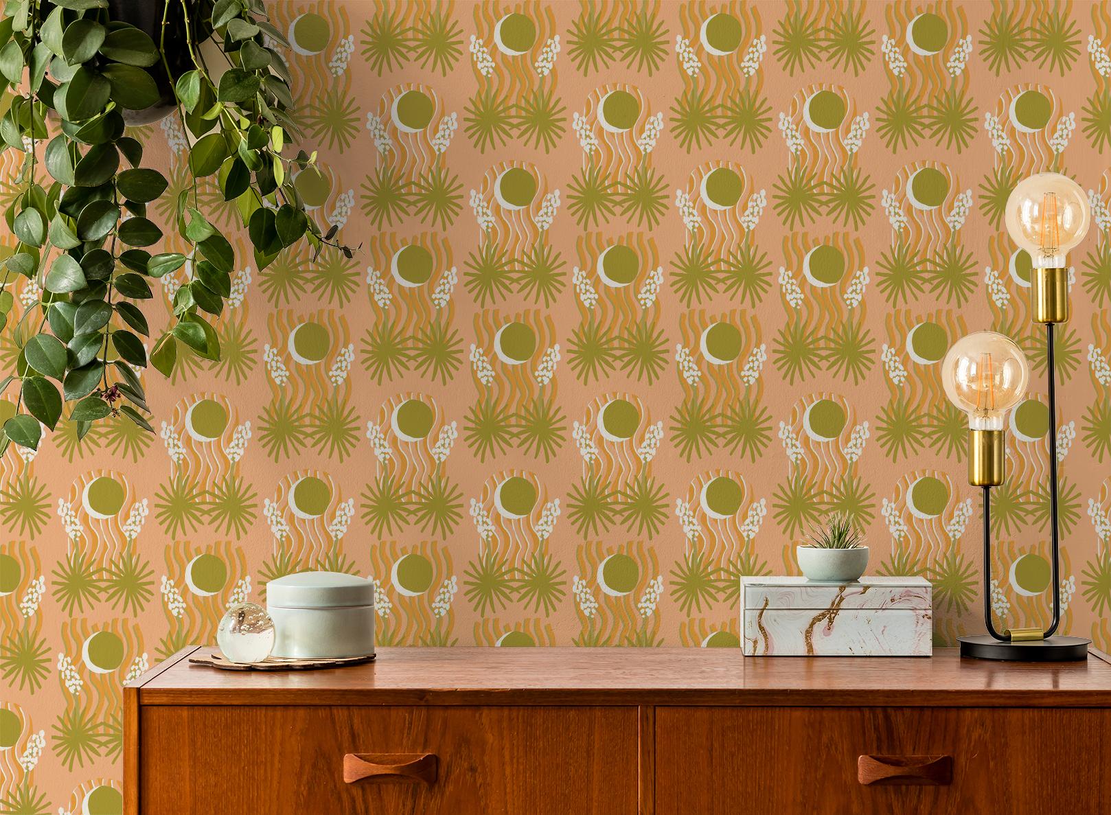 Yucca Moon Wallpaper, peach and green- Samantha Santana Creative- {{Product type}}